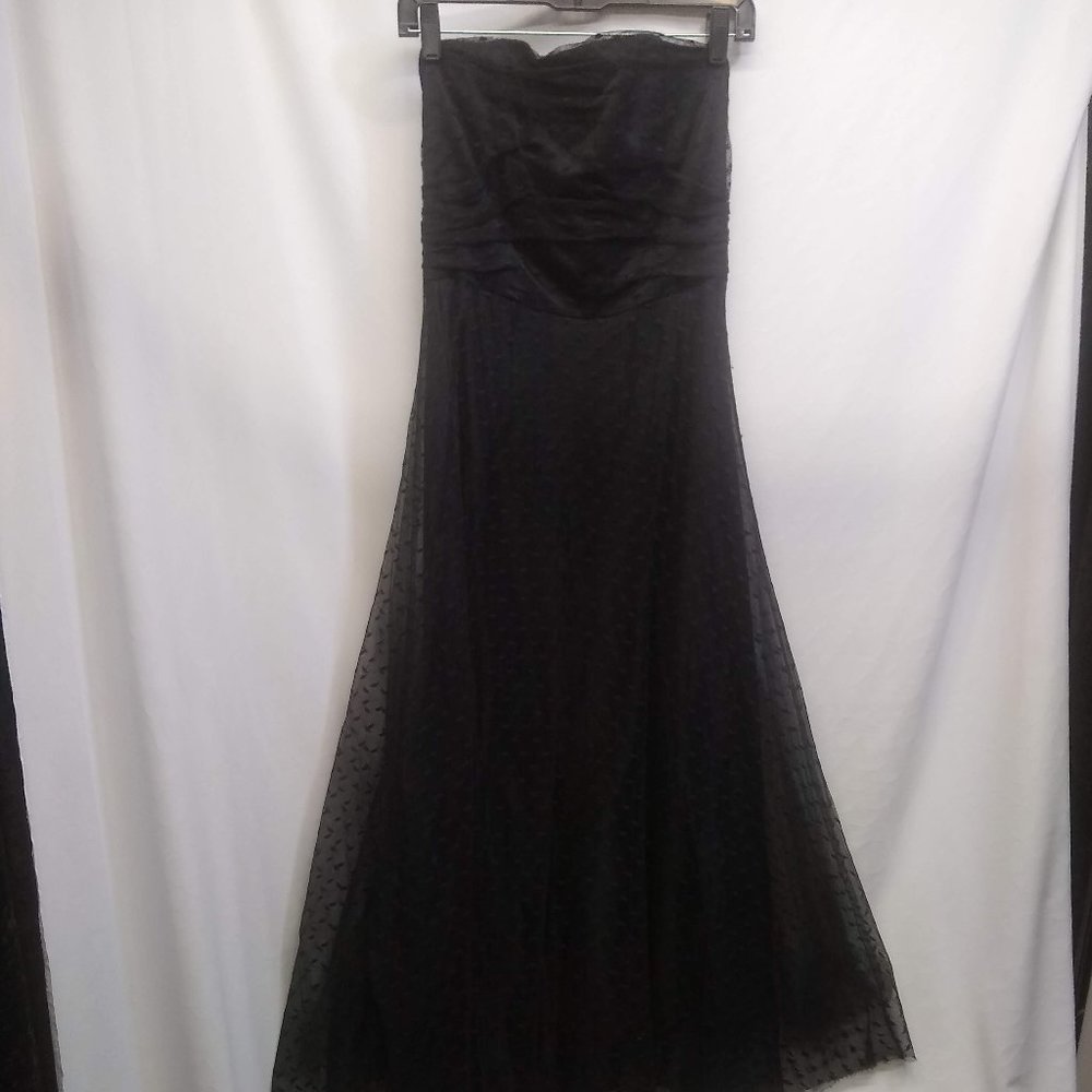 Betsy & Adam strapless black polka dot tool dress